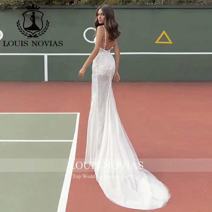 LOUIS NOVIAS robe De mariée Style sirène Sexy bretelles Spaghetti Illusion dos nu cuisse fendue