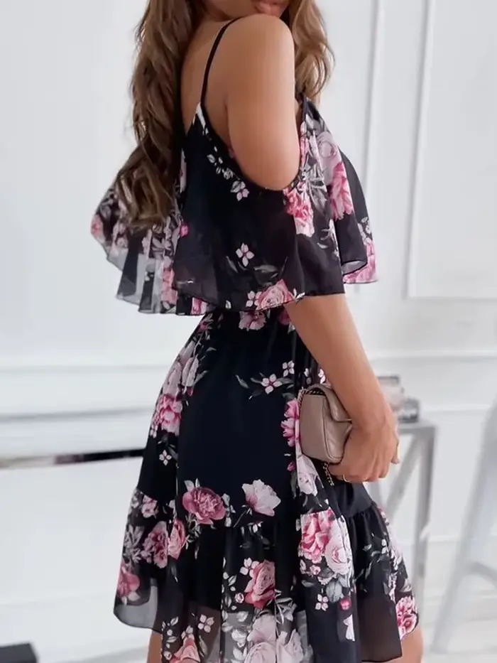 Robe en mousseline de soie à imprimé floral pour femmes, robe d'été sexy à bretelles, robe d'été élé