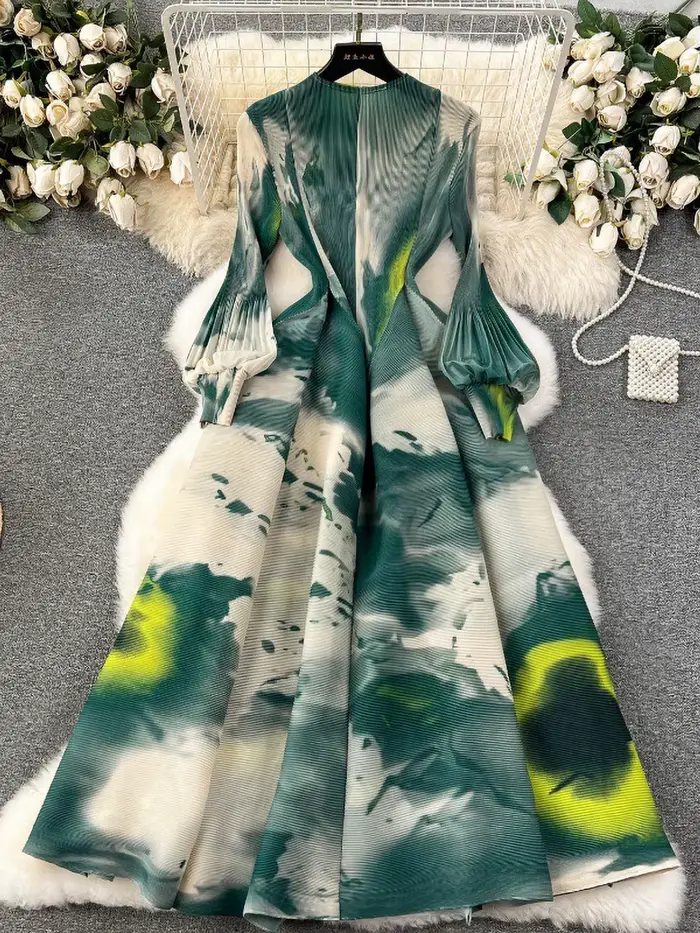 Robe Maxi Plissée à Manches sulfpour Femme