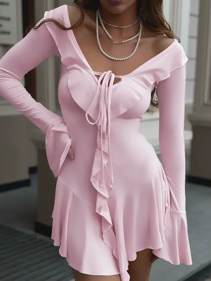 Robe décontractée élégante pour femmes, col en V profond, manches évasées, dentelle à volants, pliss