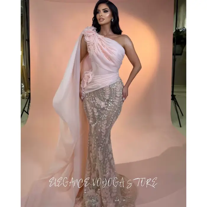 Robe de soirée rose EVS asymétrique à une épaule