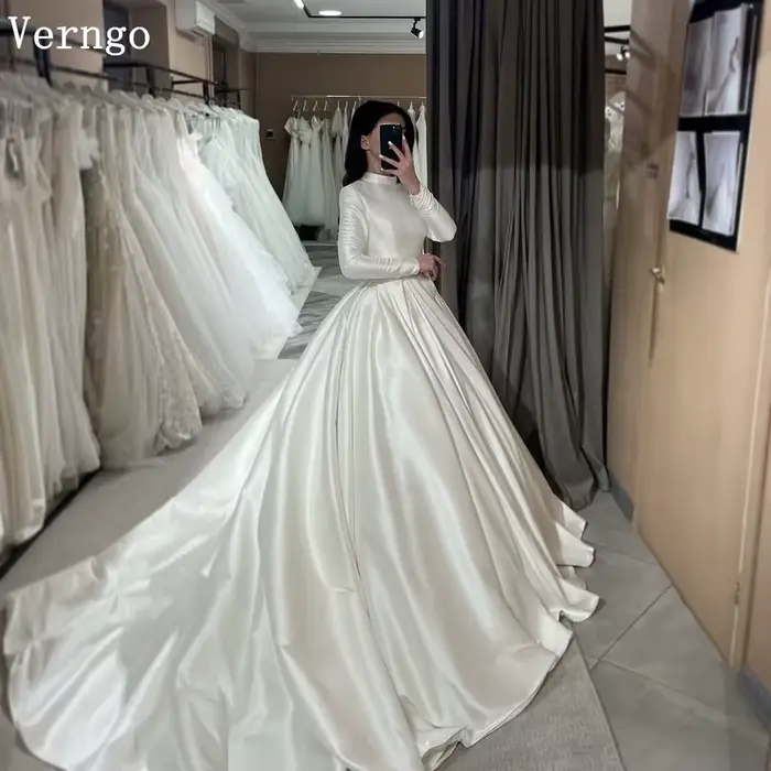 Verngo-Robe de Mariée en Satin à Manches sulfet Col Haut, Vêtement Personnalisé, Forme Trapèze, pour