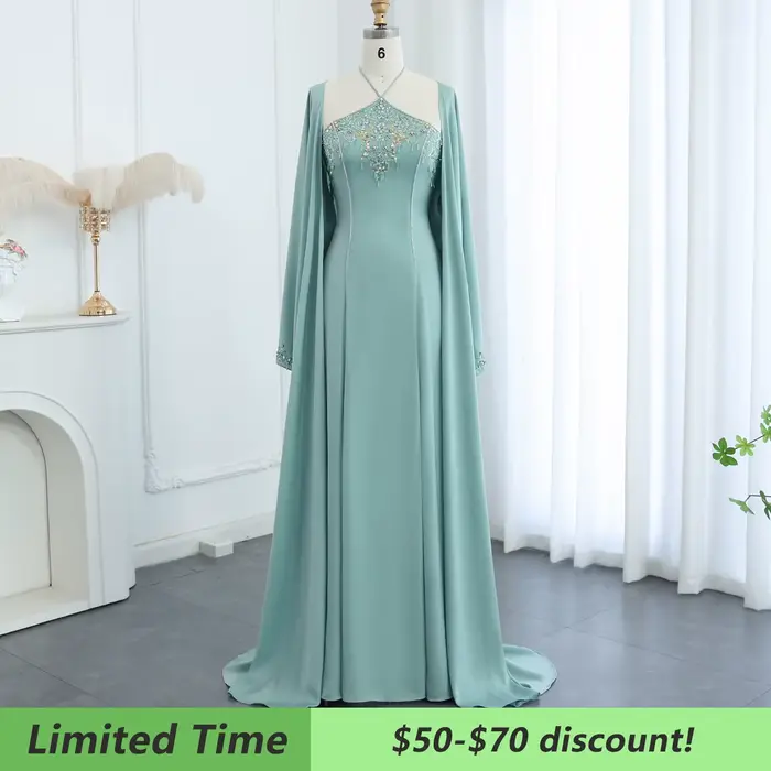 Robe Sharon Said de Luxe à Col Licou Vert Sauge avec Perles et Cristaux pour Soirées Officielles et Mariages
