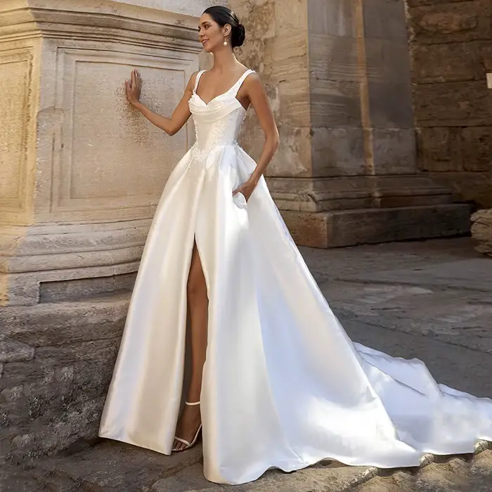 Robe de mariée arabe col en V personnalisée moderne pour femmes avec perles en fibre train de balayage occassions spéciales