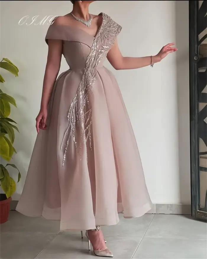 OIMG – robe de bal mi-longue, épaules dénudées, ligne a, en Organza, paillettes, manches courtes, pe