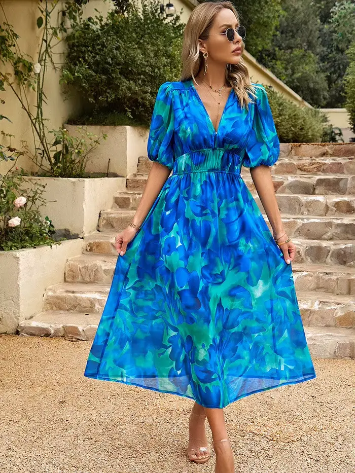 Robe Longue en Mousseline de Soie pour Femme, Vêtement de Loisirs, Imprimé, Taille Serrée, Col en V, Manches Lanternes, Printemps et Été