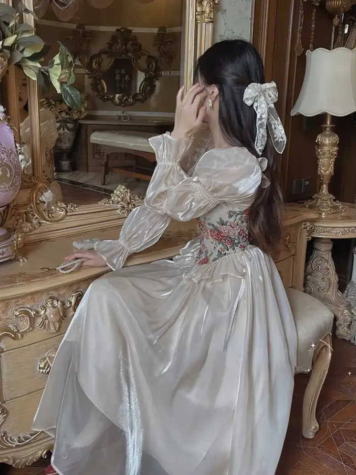 Vintage élégant imprimé robe florale femmes 2023 automne col rond décontracté soirée robe mi-longue
