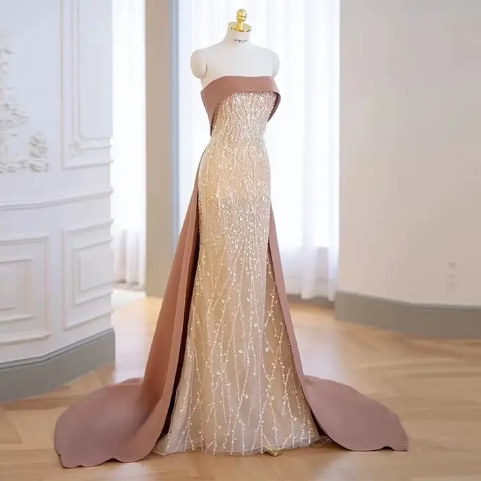 Robe de soirée sans bretelles en soie et organza pour femmes occasions spéciales mariage banquets elegance française