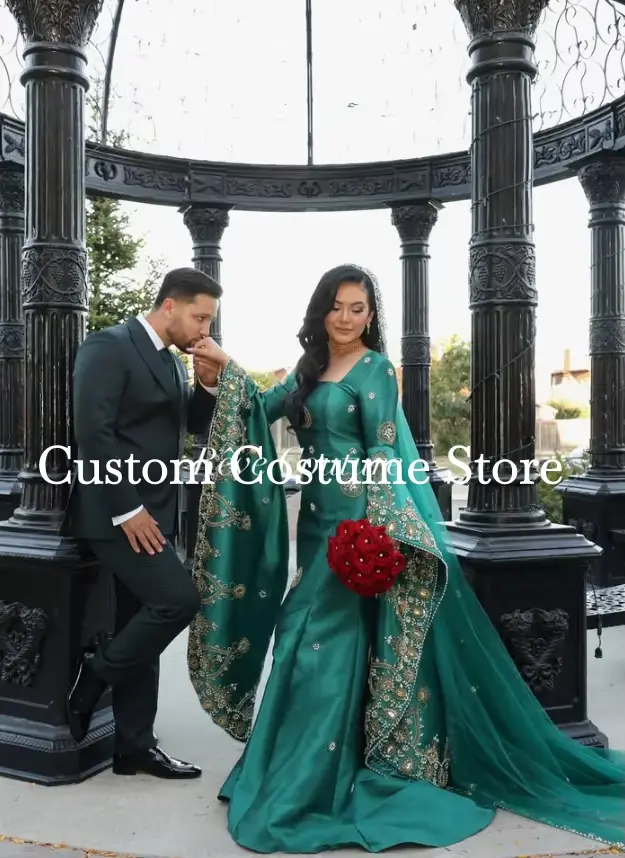 Robe de mariée caftan musulman vert chasseur, perles de luxe, cérémonie Nikah, manches longues, tenu