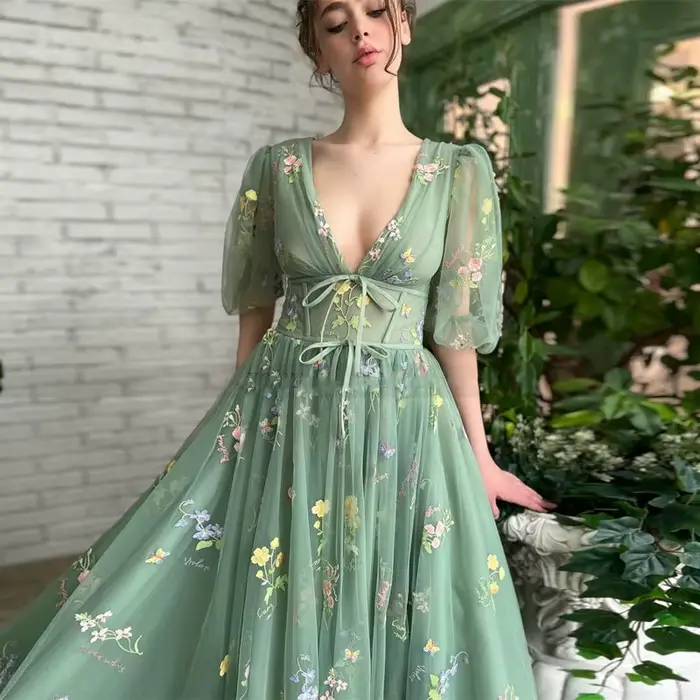 Robes De Bal vert Sexy col en v profond manches bouffantes dentelle broderie Tulle Robe De Soirée formelle élégante