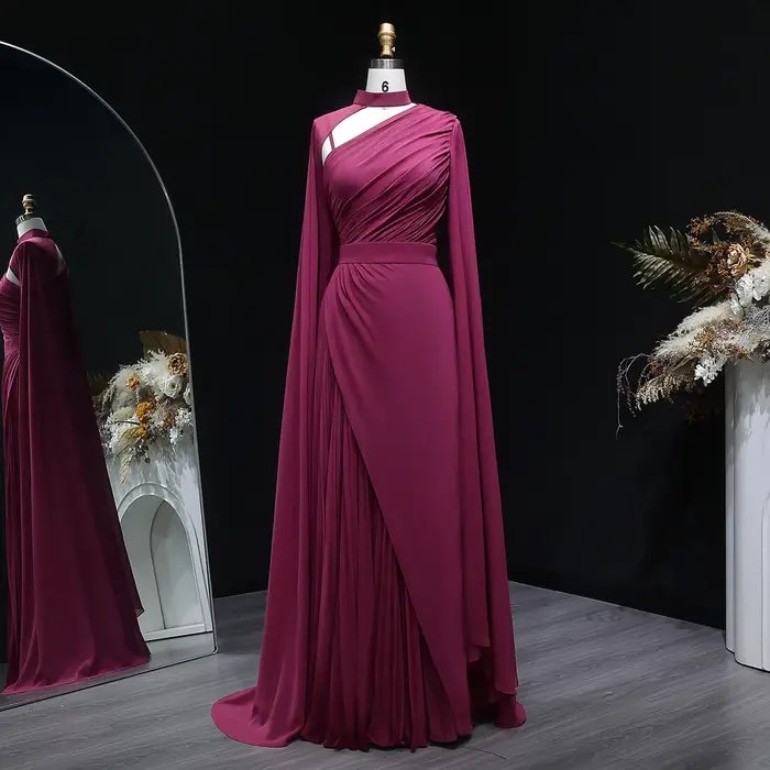 Robe Sharon Said Fuchsia en polyester avec décolleté haut et manches longues pour femmes occasions formelles et soirées spéciales