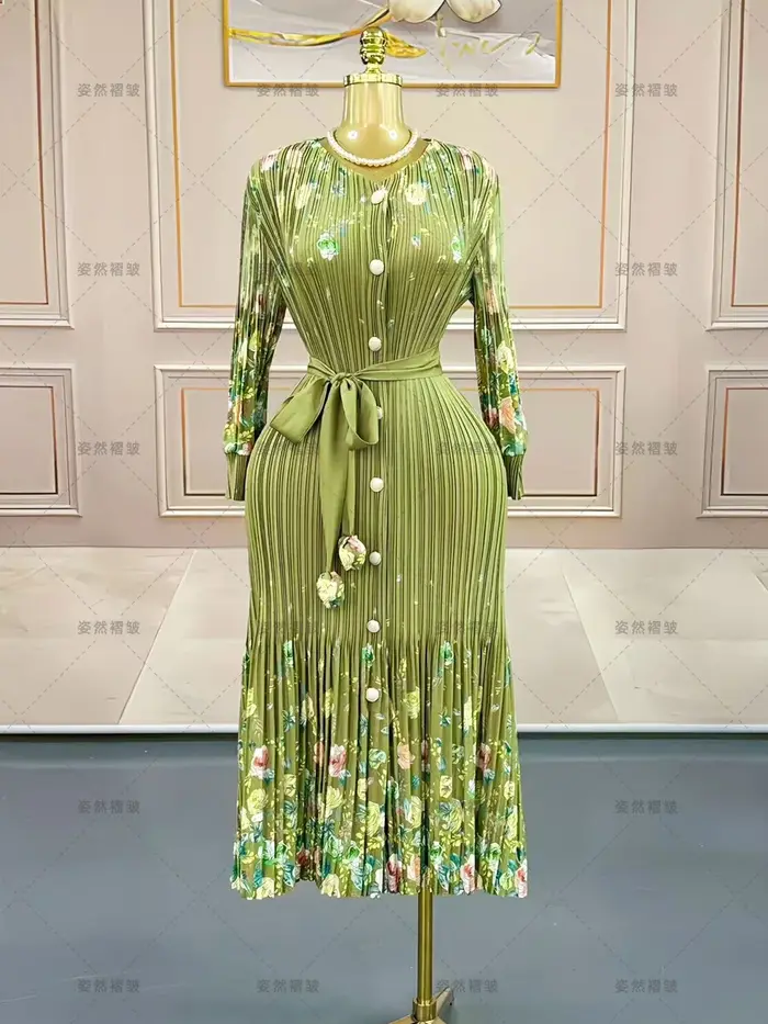 Robe plissée à manches longues pour femme, polyester ample et élastique, col en V, pour bureau et occasions spéciales