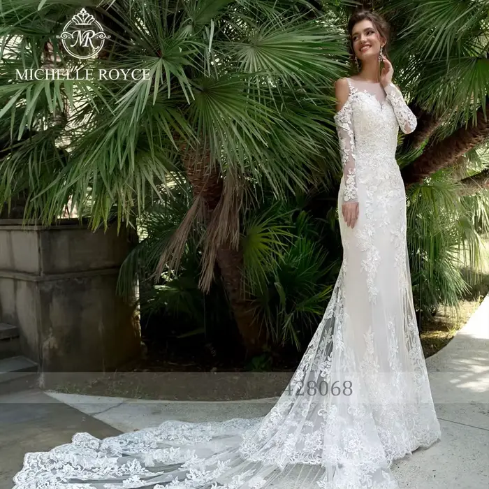 Michelle Royce sirène robes De mariée Sexy chérie Illusion Appliques bouton chapelle Train