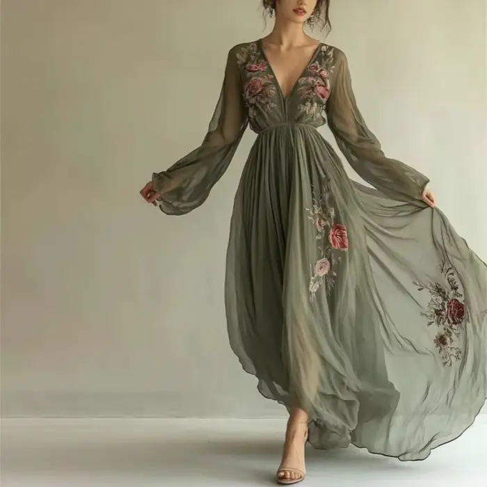 Robe bohème décontractée en polyester avec col en V et plis pour femmes - Maxi robe de soirée et de festival