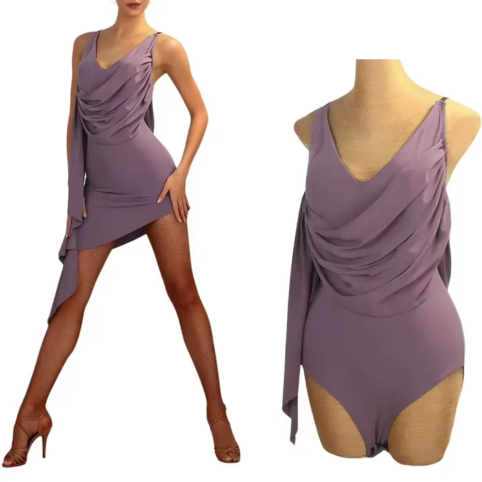 Robe de danse latine élégante pour femme, col en V drapé, ourlet asymétrique, costume d'entraînement