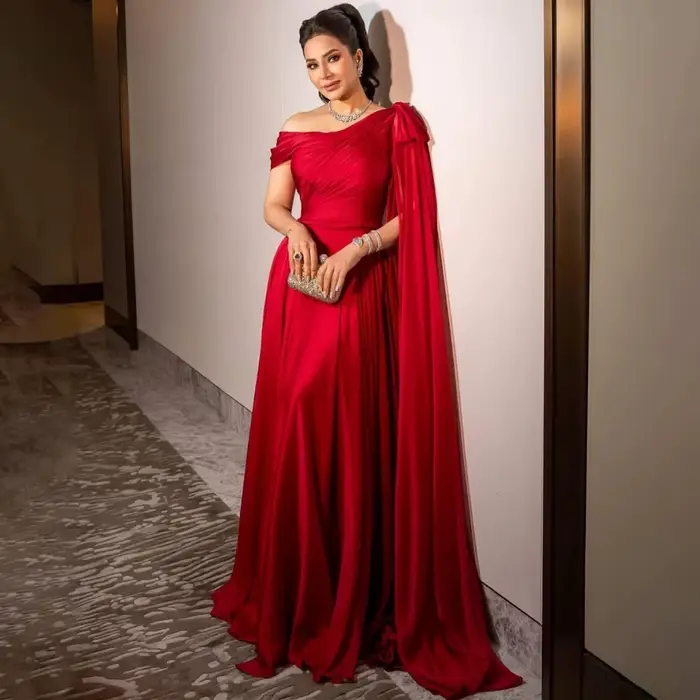 Robe de soirée rouge élégante, épaules dénudées, ligne A, longueur au sol, robe de bal, nœud froncé,