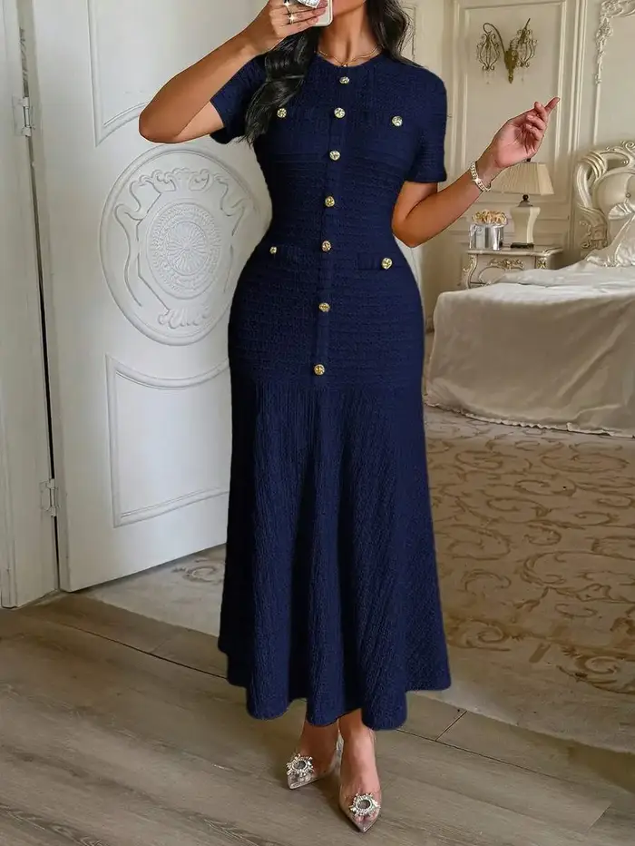 Robe midi en tricot texturé jaune avec boutons élégante pour femmes occasions spéciales soirée printemps casual chic