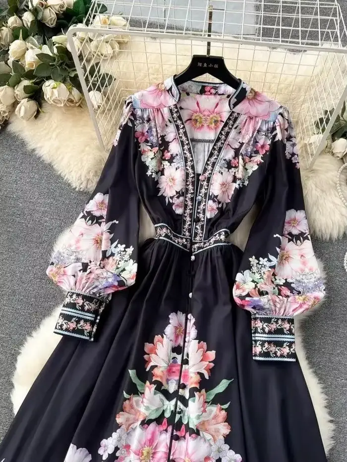 Femmes bohème col en V manches longues lanterne taille élastique Robe Maxi florale automne magnifique fleur