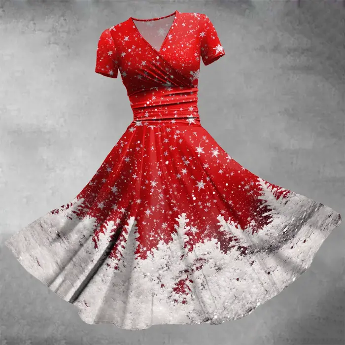 Robe trapèze à manches courtes et col en V pour femmes, robes de Noël d'hiver, robe vintage, imprimé