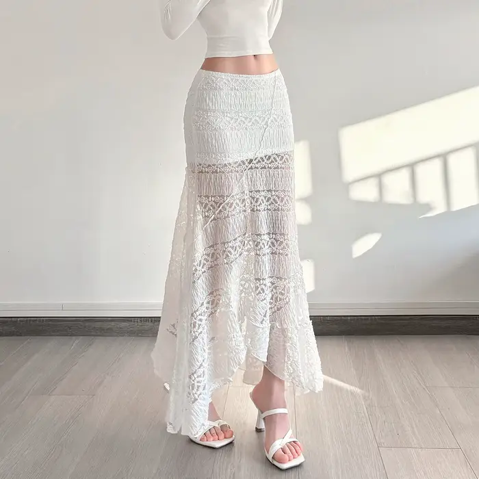 Robe de plage patchwork en dentelle jupe longue ourlet irrégulier femme printemps été office élégance confort durable