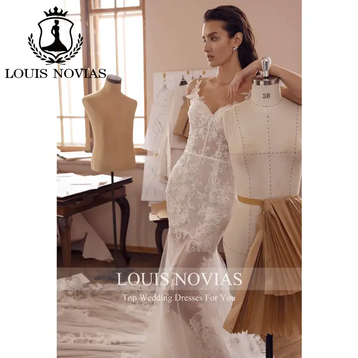 LOUIS NOVIAS robe De mariée sirène bretelles Spaghetti chérie Appliques Champagne dentelle Sexy
