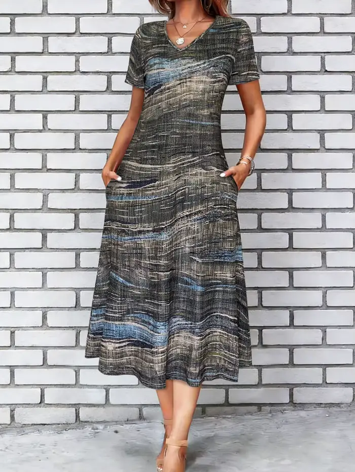 Robe longue grise et bleue à imprimé texturé abstrait pour femme
