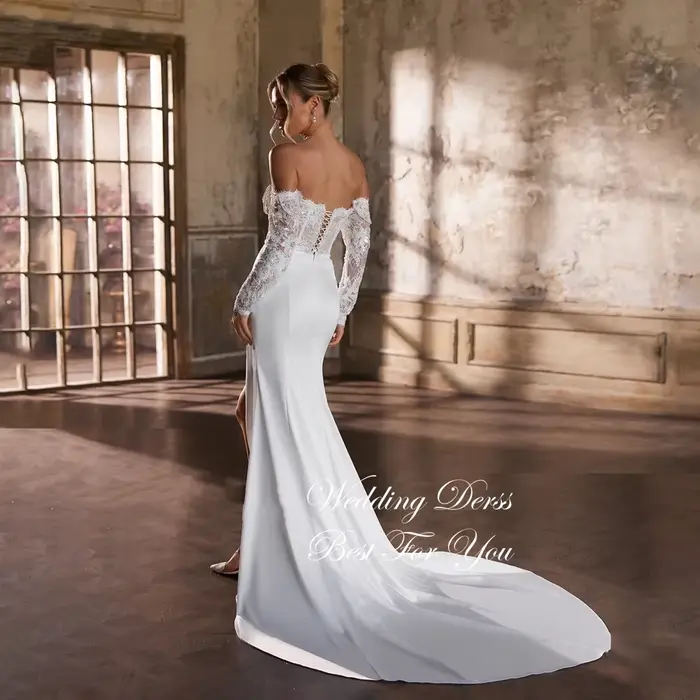 Robe de mariée sirène classique LIGI en dentelle et coton blanc ou ivoire style trompette avec train de balayage pour mariage