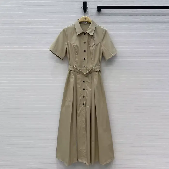 Nouvelle Robe Longue Élégante Kaki pour Femme, Col Revers, Manches Courtes, Boutonnage Simple, Taill