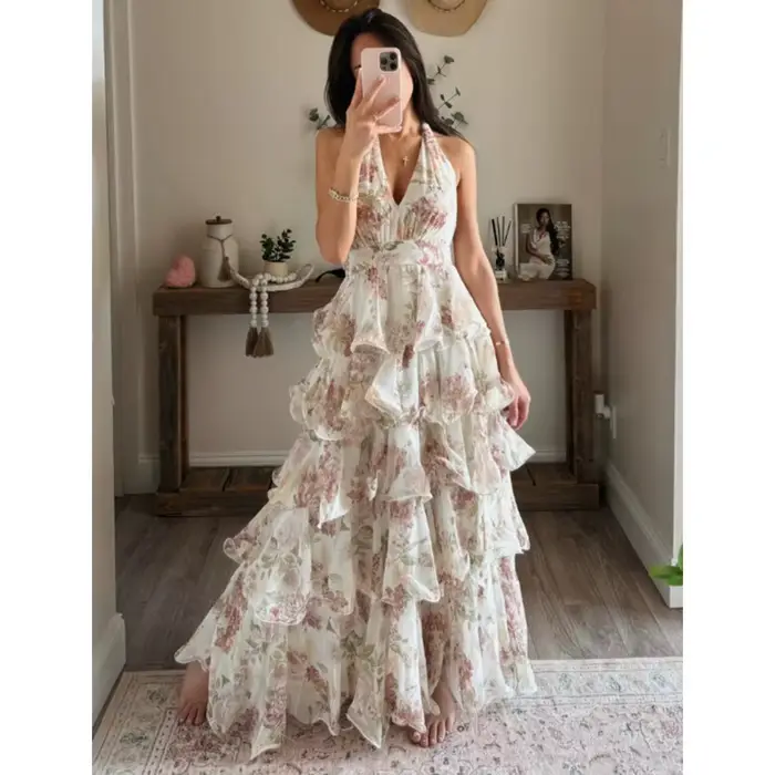 Robe longue bohème florale à volants dos nu style corset pour cocktail élégante invitée mariage plage soirée estivale