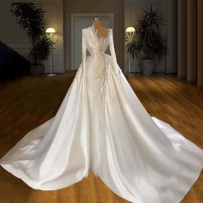 Robe de Mariée en Satin à Manches sulf, Vêtement de Luxe avec Perles, pour Patients Africains, Quell