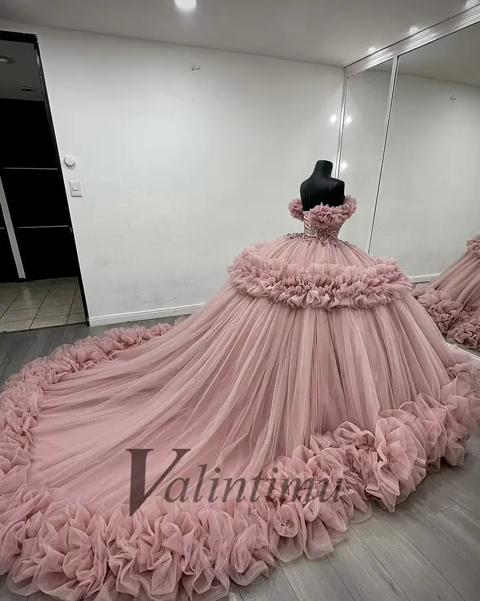 Valintimu Robe de Quinceanera froncée à couper le souffle pour fille Tulle strass Court Train