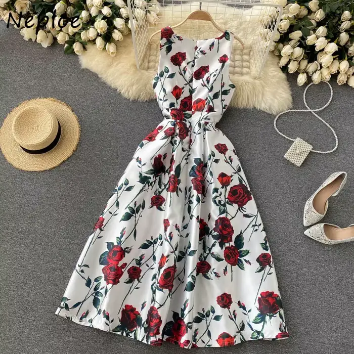 Neploe-Robe Rétro à Imprimé Floral pour Femme