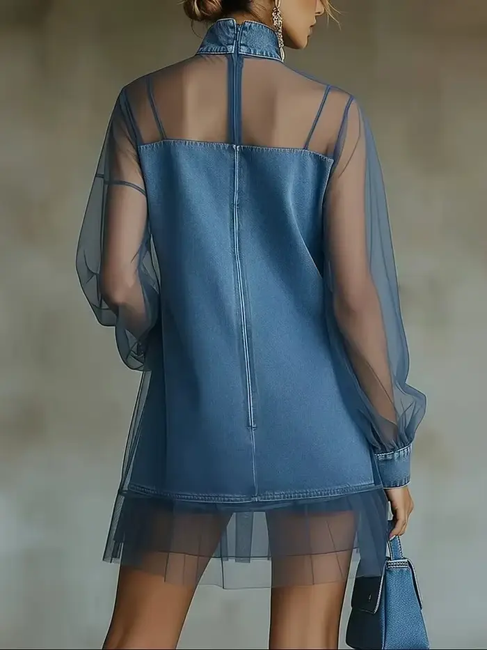Robe courte en jean pour femme col roulé tendance manches longues en tulle transparent soirée chic quotidienne occasionnels élégante à offrir