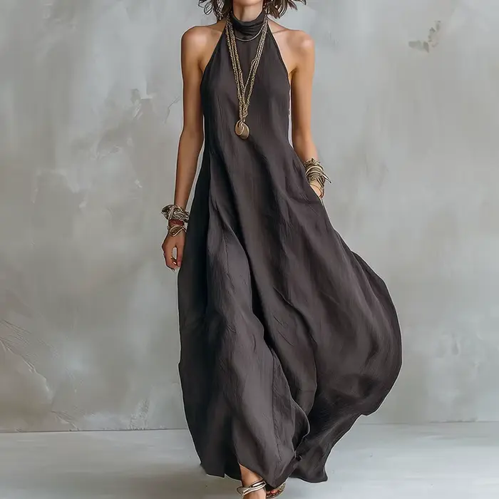 Robe longue bohème ample sans manches pour femme, dos nu, style licou, couleur unie, pour l'été, les