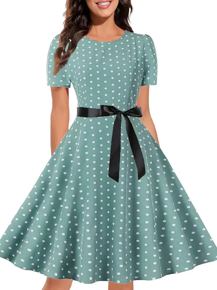 Robe vintage à pois noirs et blancs, robe d'été pour femmes à imprimé floral, manches courtes, robe 