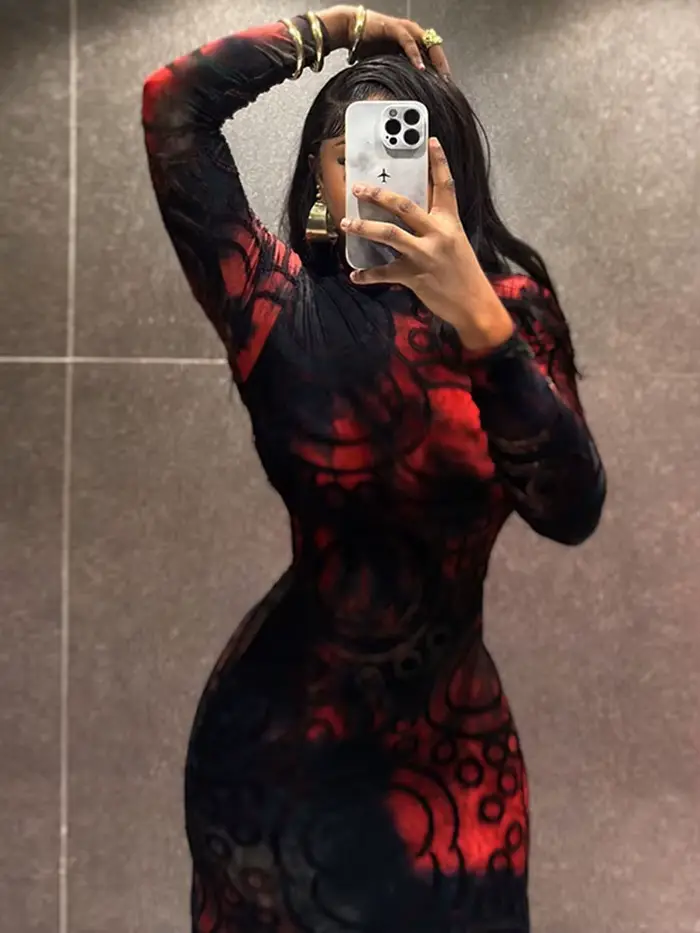 Robe Amincissante Femme Élégante Printemps Col Montant Imprimée Sexy Noire Manches Longues Vente en Gros