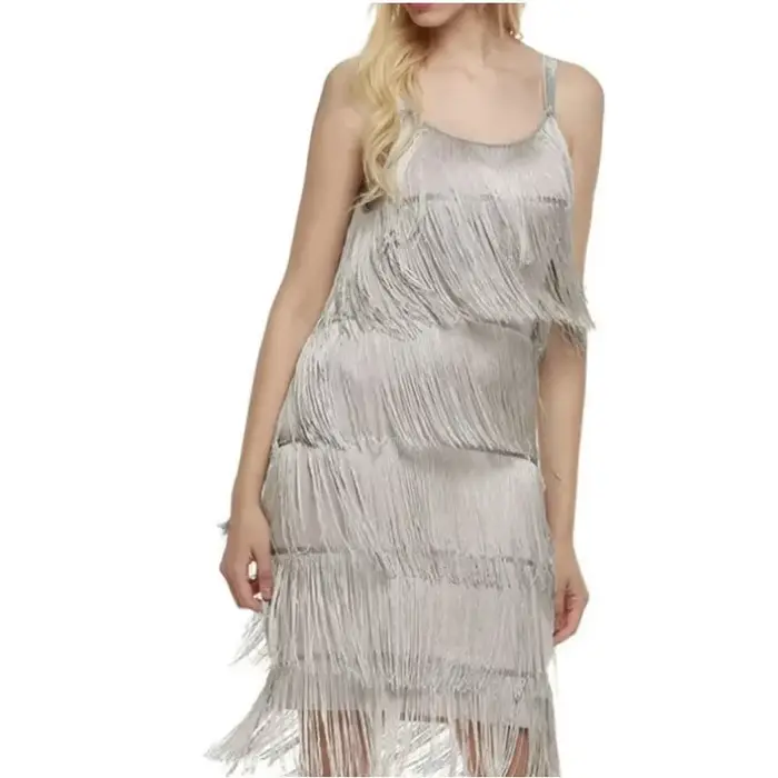 Robe d'été sexy à franges pour femmes, décontractée, plage, soirée, sans manches, col rond, polyester, noir, blanc, argent, occassions spéciales