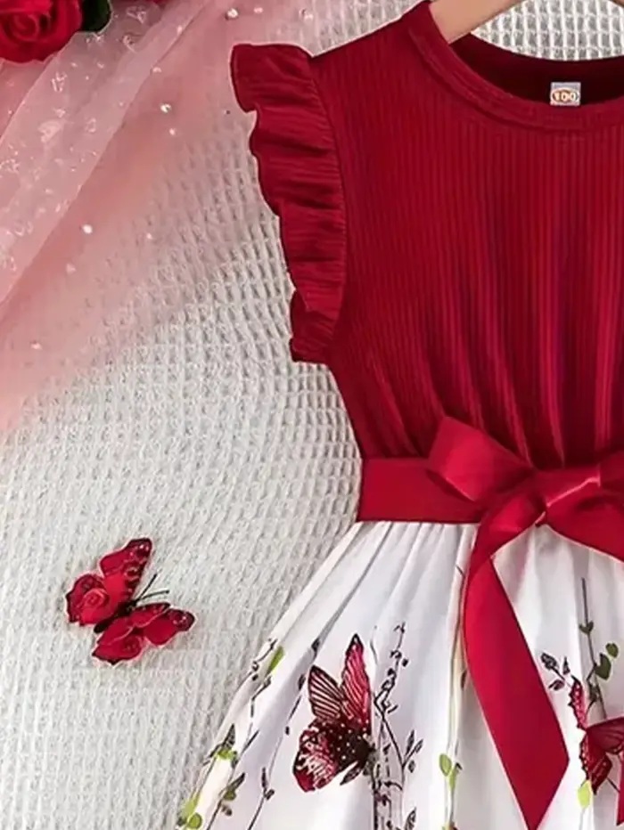 Robe évasée rouge à fleurs pour filles - Style princesse