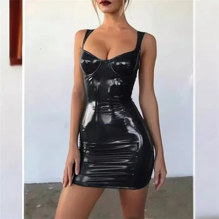 Femmes brillant en cuir verni sans manches robes Sexy coupe ajustée Wrap hanche robe femme décontrac