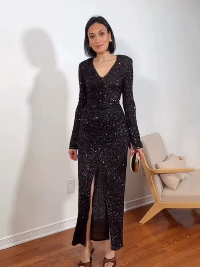 Robe sexy col V en polyester avec paillettes pour femmes, élégante et cintrée, pour occasions spéciales et événements formels