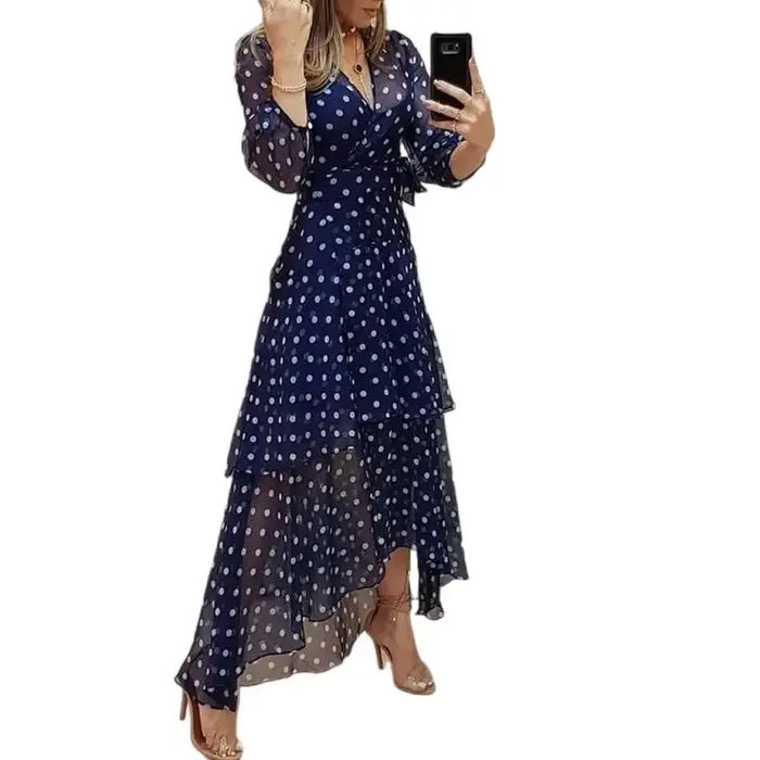 Robe élégante à pois imprimés bleu foncé pour femmes, soirée, événements professionnels, cadeau surprise, coupe empire, silhouette fluide