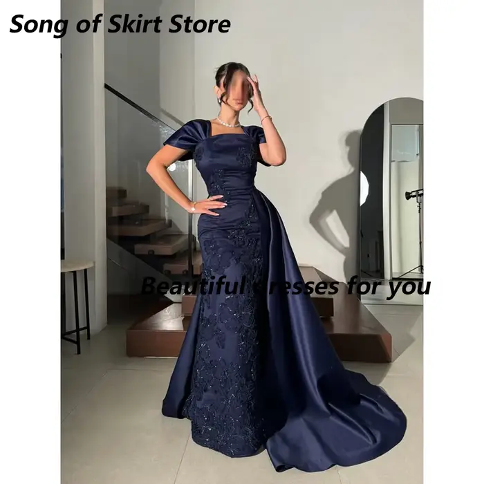 Robe de soirée longue de forme sirène, élégante, bleu marine, col carré, perles appliquées, drapée, 