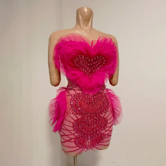 Nouvelle robe mini rose sexy 3D à volants en forme de cœur, ornée de strass, luxueuse, moulante, pou