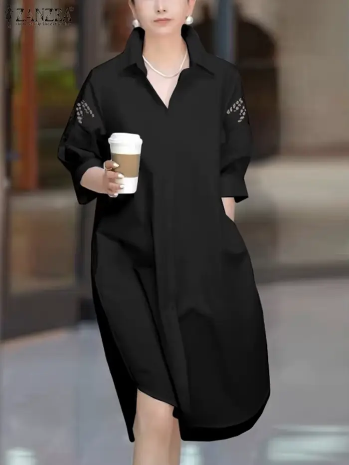 2025 ZANZEA automne chemise Robe femmes décontracté ample OL robes de travail 3/4 manches dentelle C
