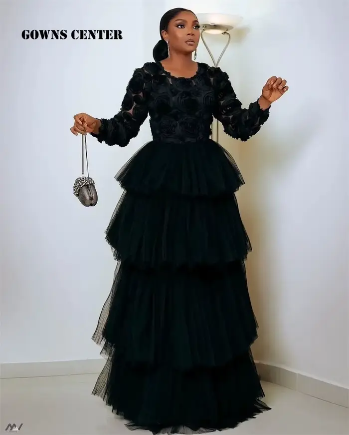 Robe de soirée noire Aso Ebi pour femme