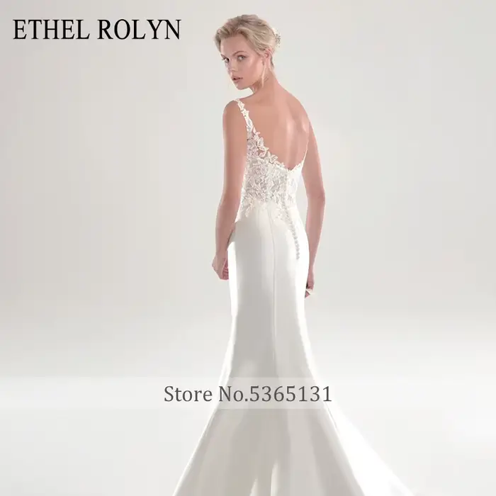 ETHEL ROLYN Robe De mariée sirène Satin dentelle Appliques bretelles Spaghetti dos nu avec veste robes