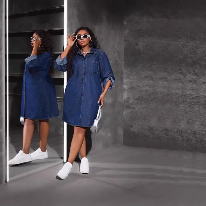 Robe mi-longue en jean pour femme, style Y2K streetwear, col rabattu, manches longues, élégante, vintage, pour soirée et travail, été 2026
