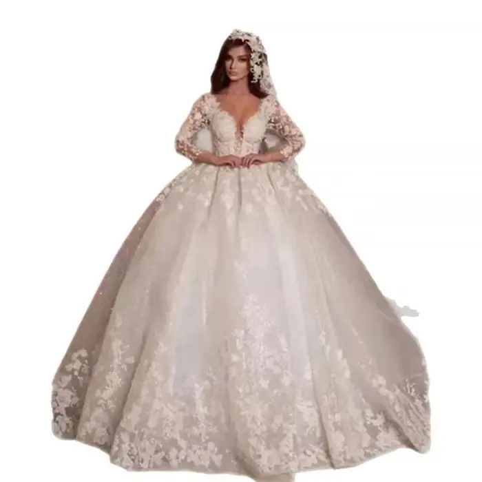Robe de mariée vintage en dentelle col en V princesse avec train de balayage taille personnalisable occassions spéciales