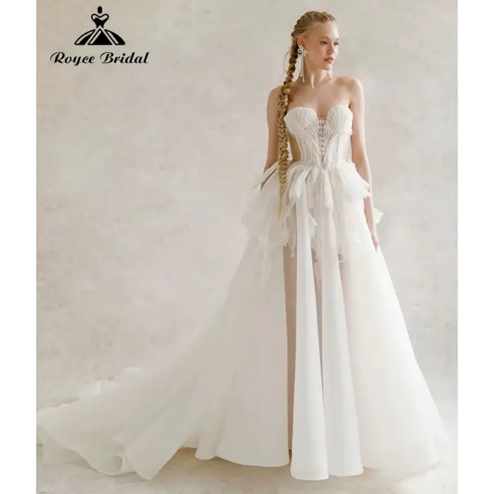 Robe de mariée bohème en organza et mousseline 2026, ornée de perles, sans bretelles, style bohème, 