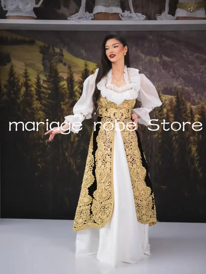 Caftan albain blanc et noir pour mariée, robes de soirée formelles, appliques dorées, robes de bal t